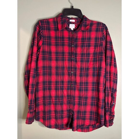 J. Crew Tops - J.Crew Women’s S Red Navy Plaid 100% Cotton Button Down Soft Preppy Holiday